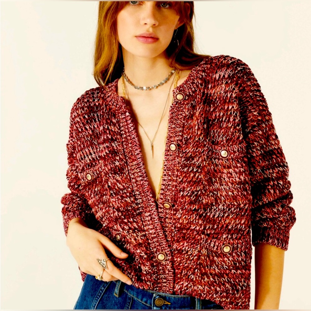 NWOT! ba&sh Lady Cardigan in Bordeaux (Metallic Red), size Small